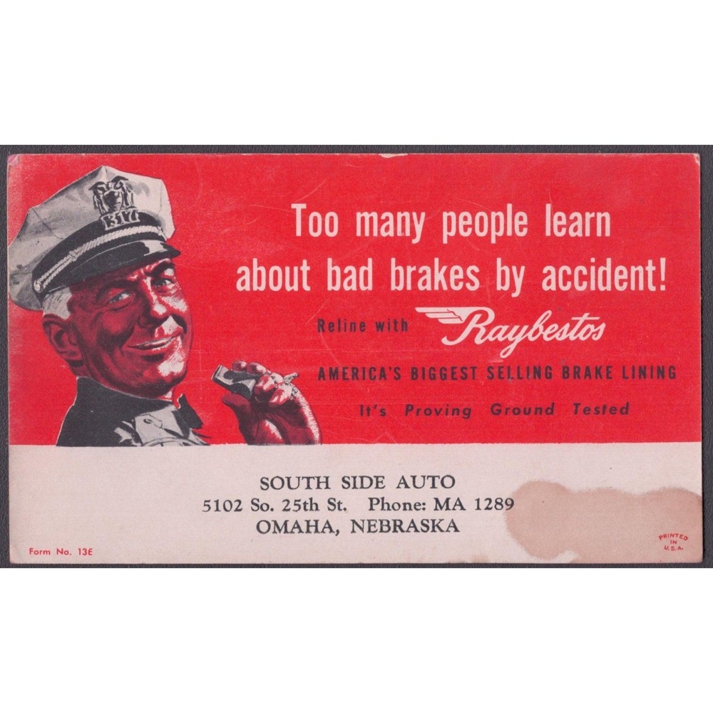 Vintage 1940s Raybestos Brake Lining Ad Card South Side Auto Omaha Nebraska